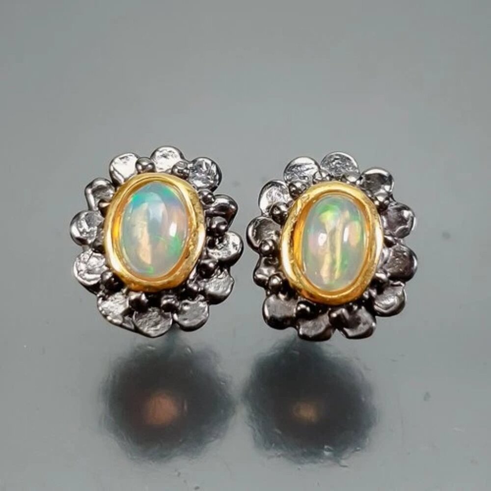 EARRING Natural Opal 925 Black Rhodium Plated